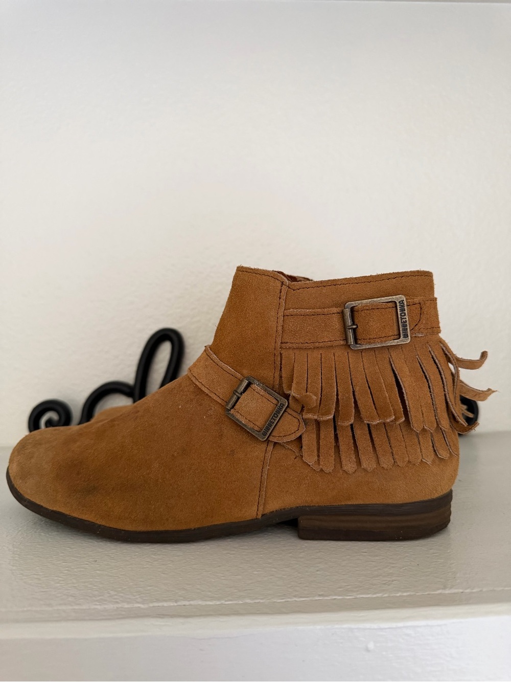 Minnetonka Tan Suede Fringe Ankle Booties with Buckles